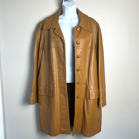 70s vintage genuine leather jacket light brown long coat trench large oversized - Picture 3 of 11